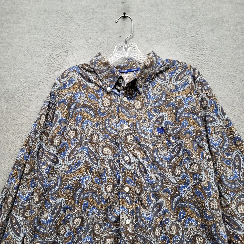 Cinch Men Button Up Shirt L Gray Logo Patch Embroidery‎ Paisley Western